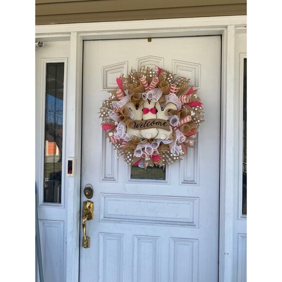 Welcome Bunnies Burlap Buffalo Check Easter Spring Deco Mesh & Ribbon Wreath - Picture 2 of 11